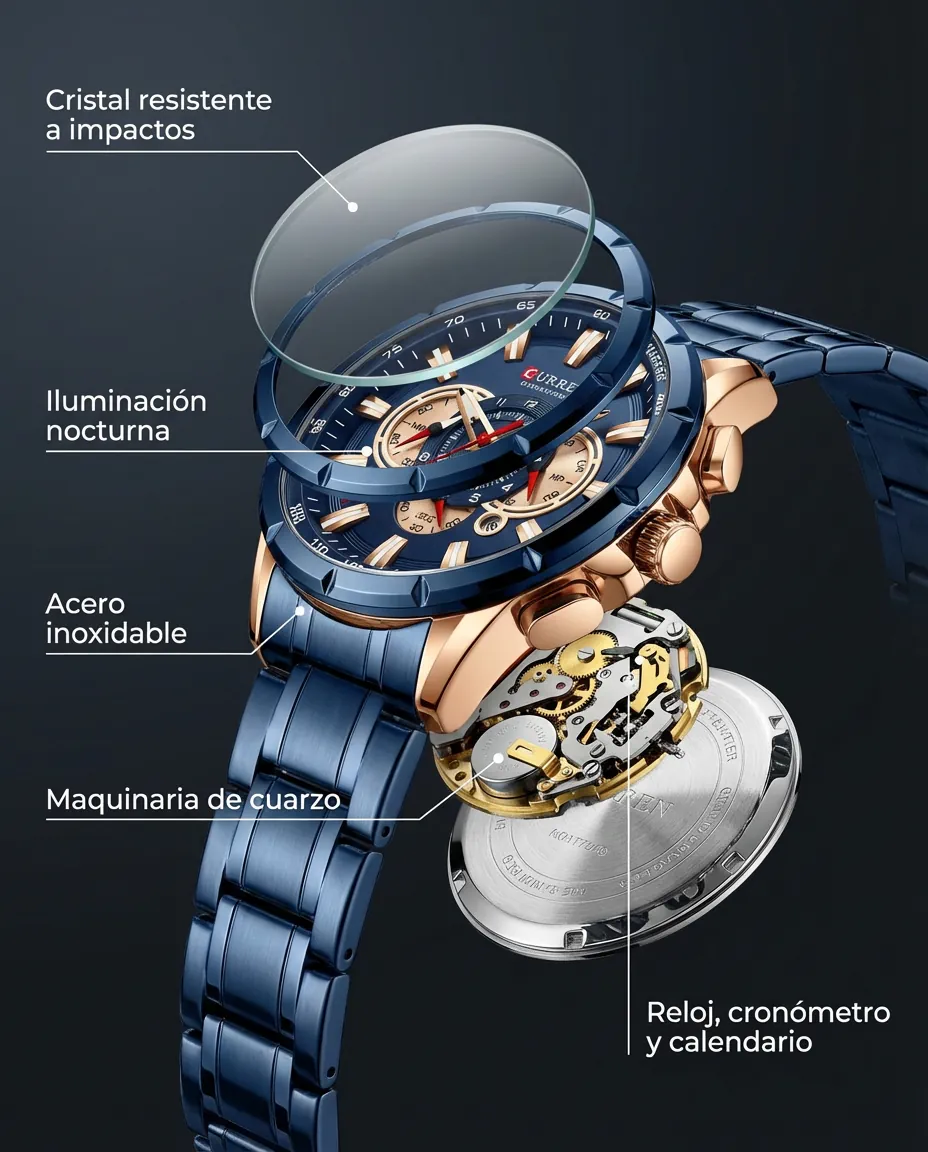 Características del CR ATLANTIS: cronógrafo con subesferas y calendario