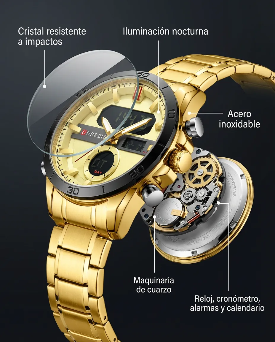 Características del CR GOLD: display analógico y digital con cronómetro, alarmas y calendario