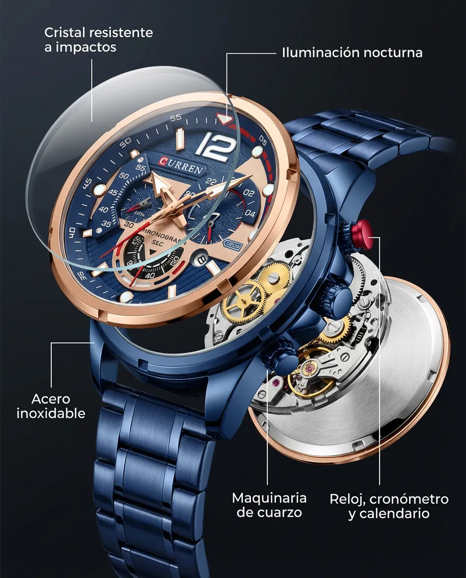 Características del CR MONZA: cronógrafo con tres subesferas y calendario