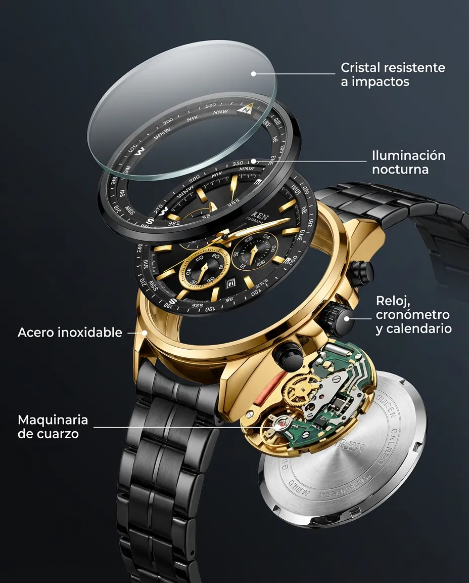 Características del CR ONIX: cronógrafo con subesferas y calendario