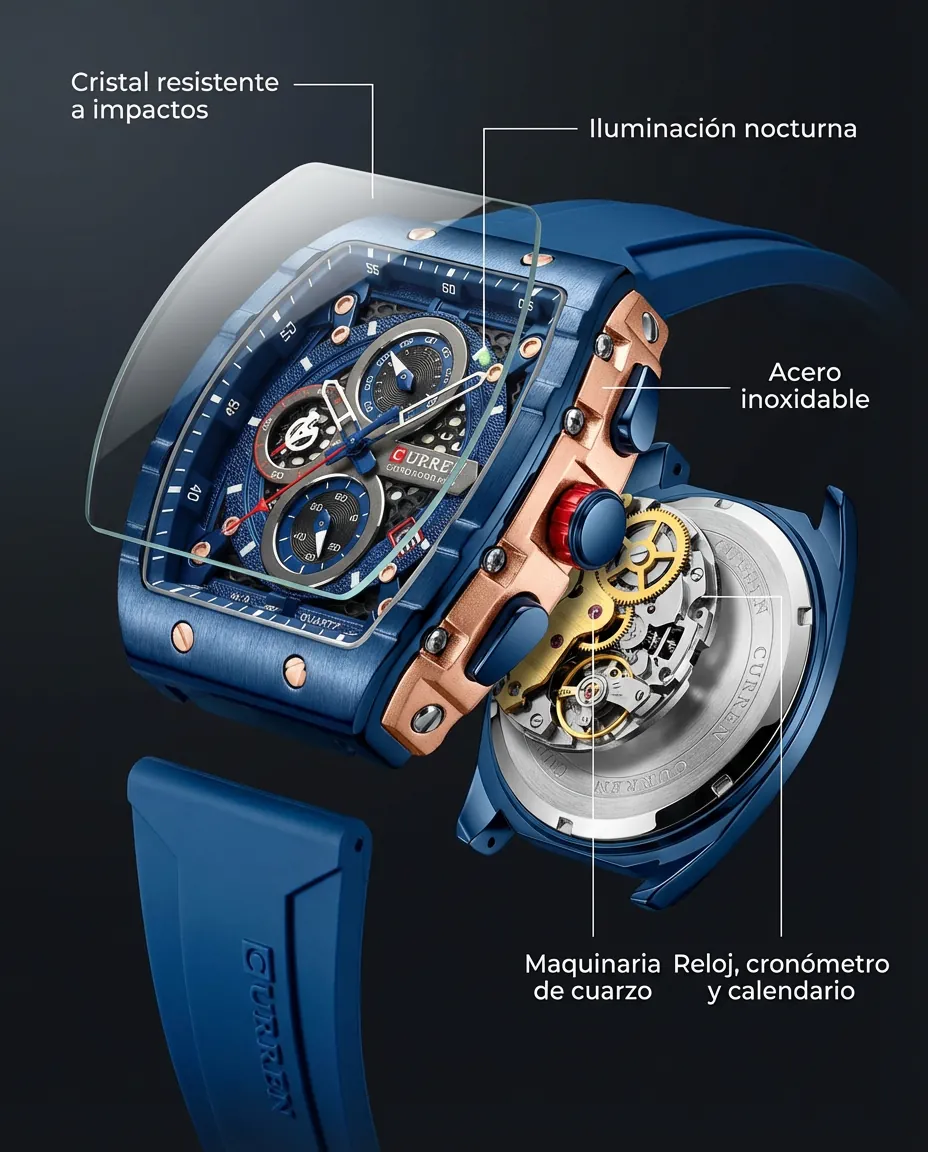 Características del CR TITAN AZUL MARINO: cronógrafo con subesferas y calendario