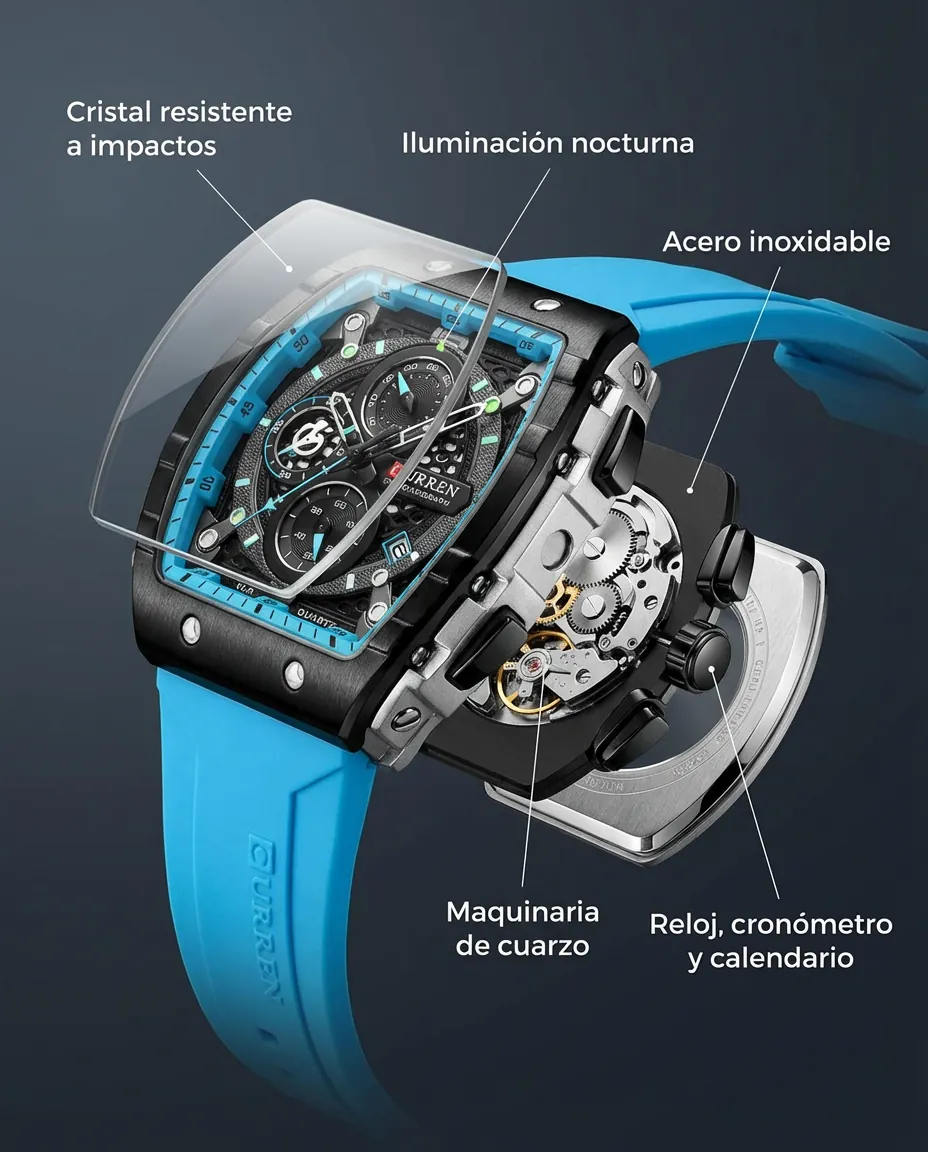 Características del CR TITAN AZUL CELESTE: cronógrafo con subesferas y calendario