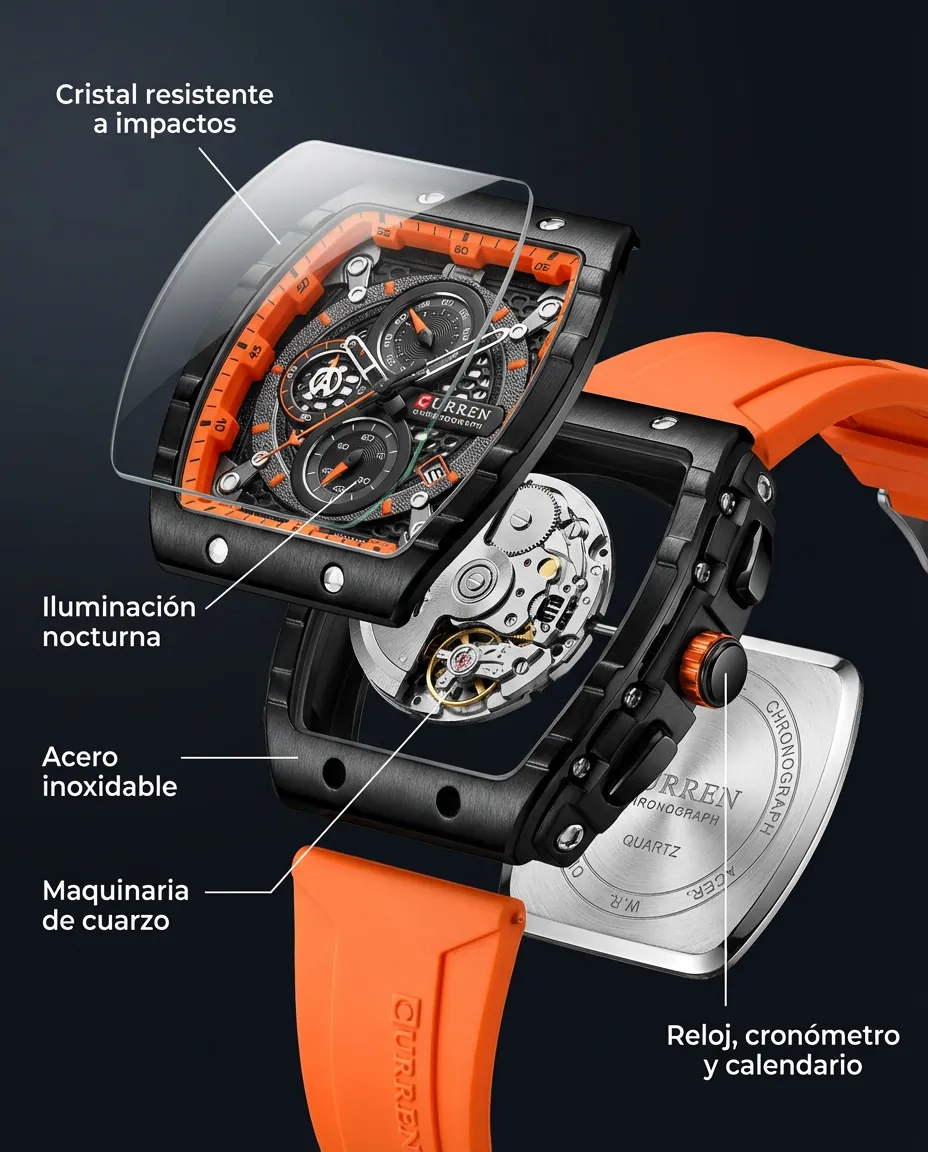 Características del CR TITAN NARANJA: cronógrafo con subesferas y calendario