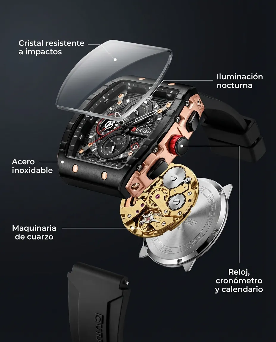 Características del CR TITAN NEGRO: cronógrafo con subesferas y calendario