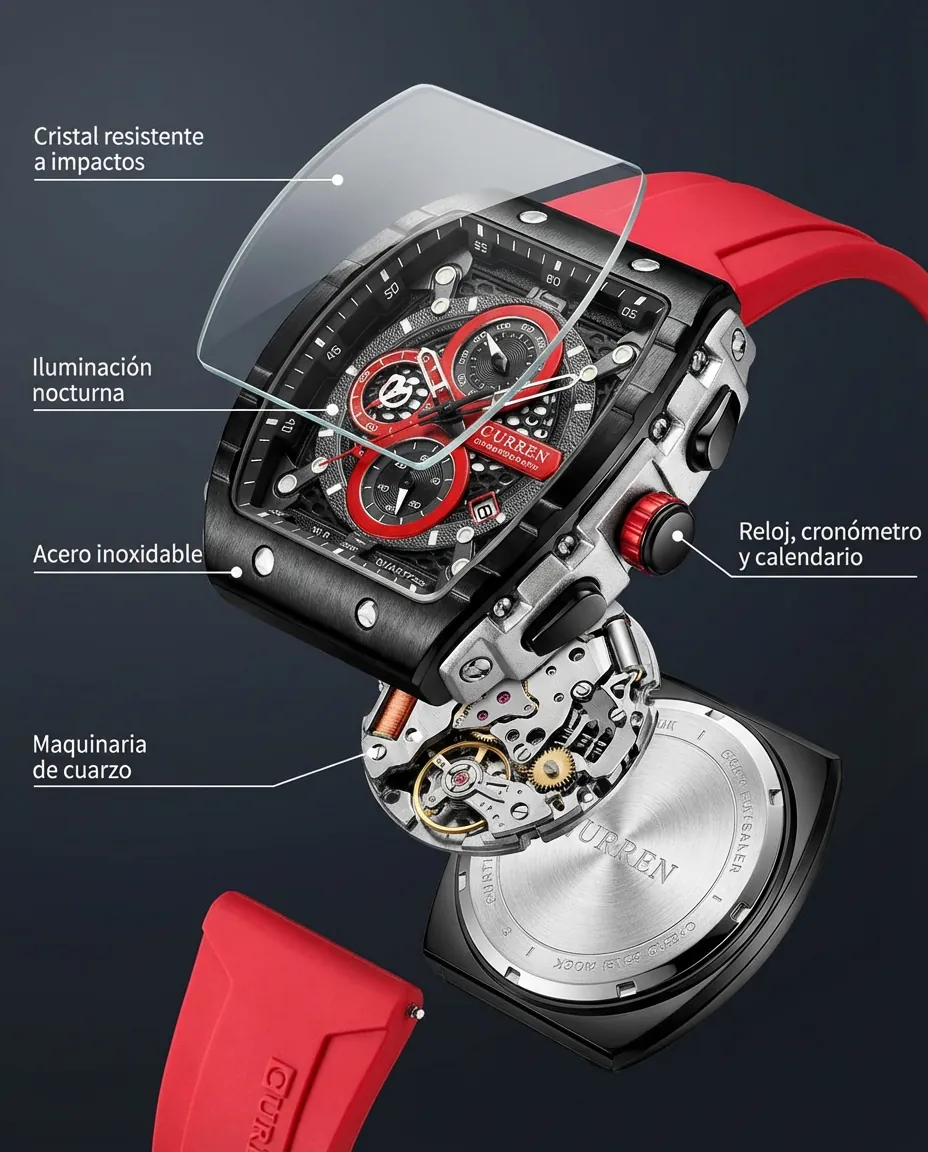 Características del CR TITAN ROJO: cronógrafo con subesferas y calendario