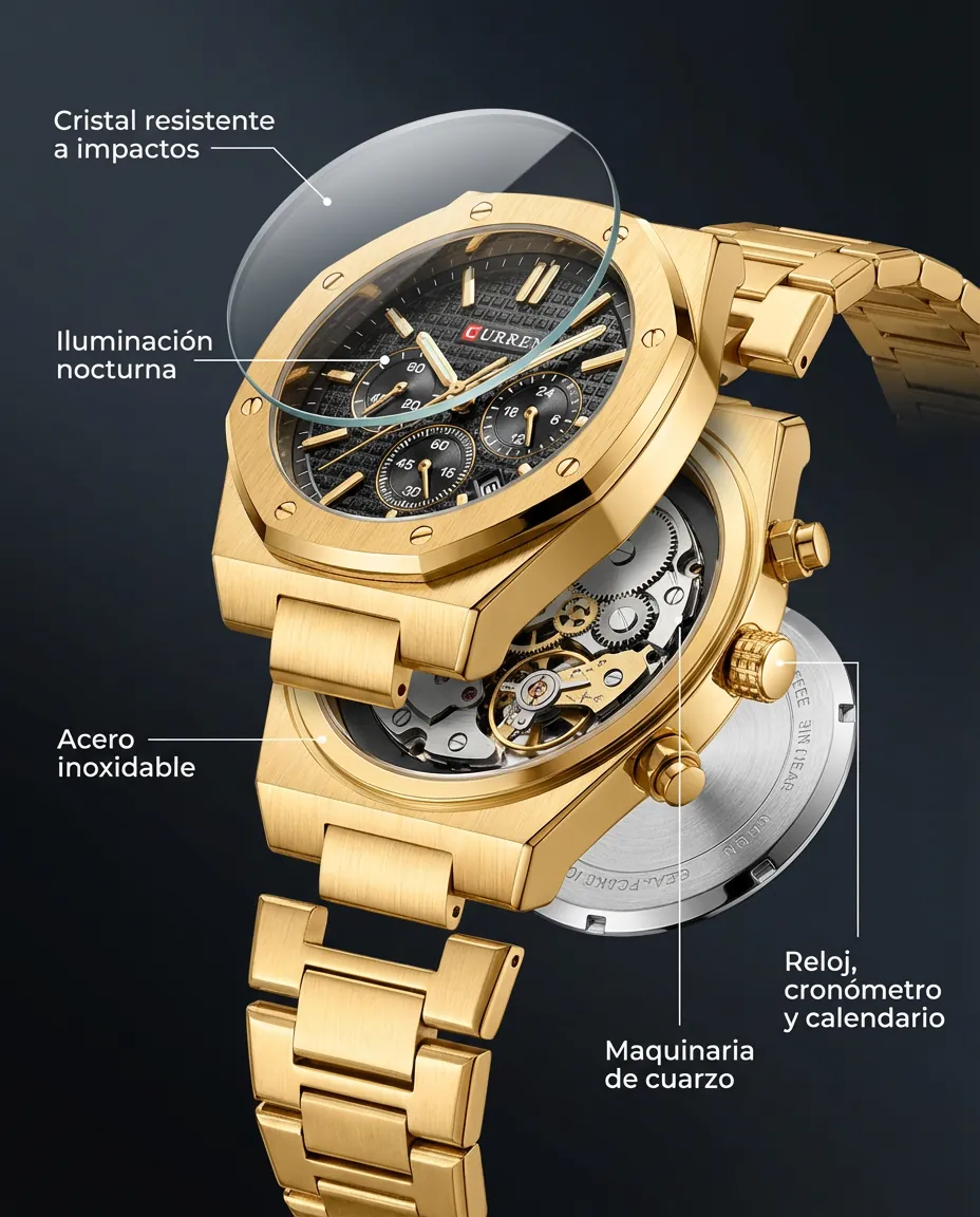 Características del CR IMPERIO DORADO: cronógrafo con subesferas y calendario