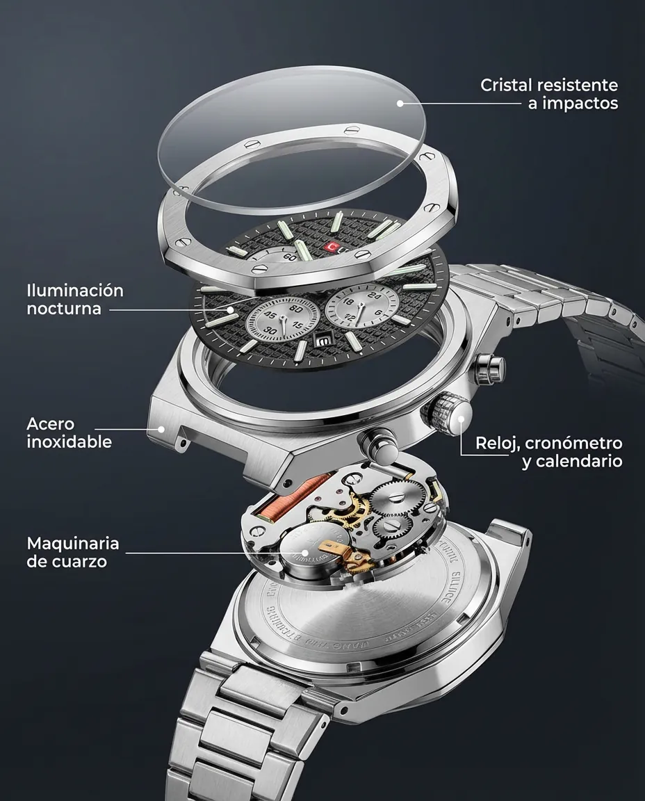 Características del CR IMPERIO PLATEADO: cronógrafo con subesferas y calendario