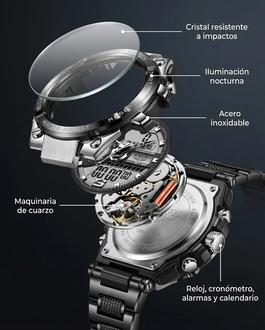 Características del CARBONO BLACK: display analógico y digital con cronómetro, alarmas y calendario