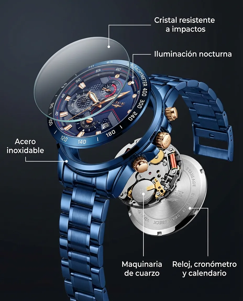 Características del LG COOPER: cronógrafo con subesferas y calendario