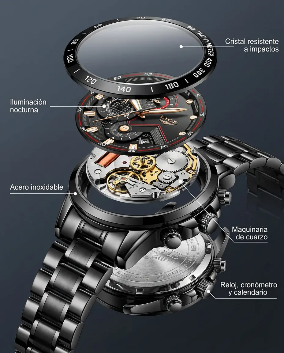 Características del LG MUSTANG: cronógrafo con subesferas y calendario
