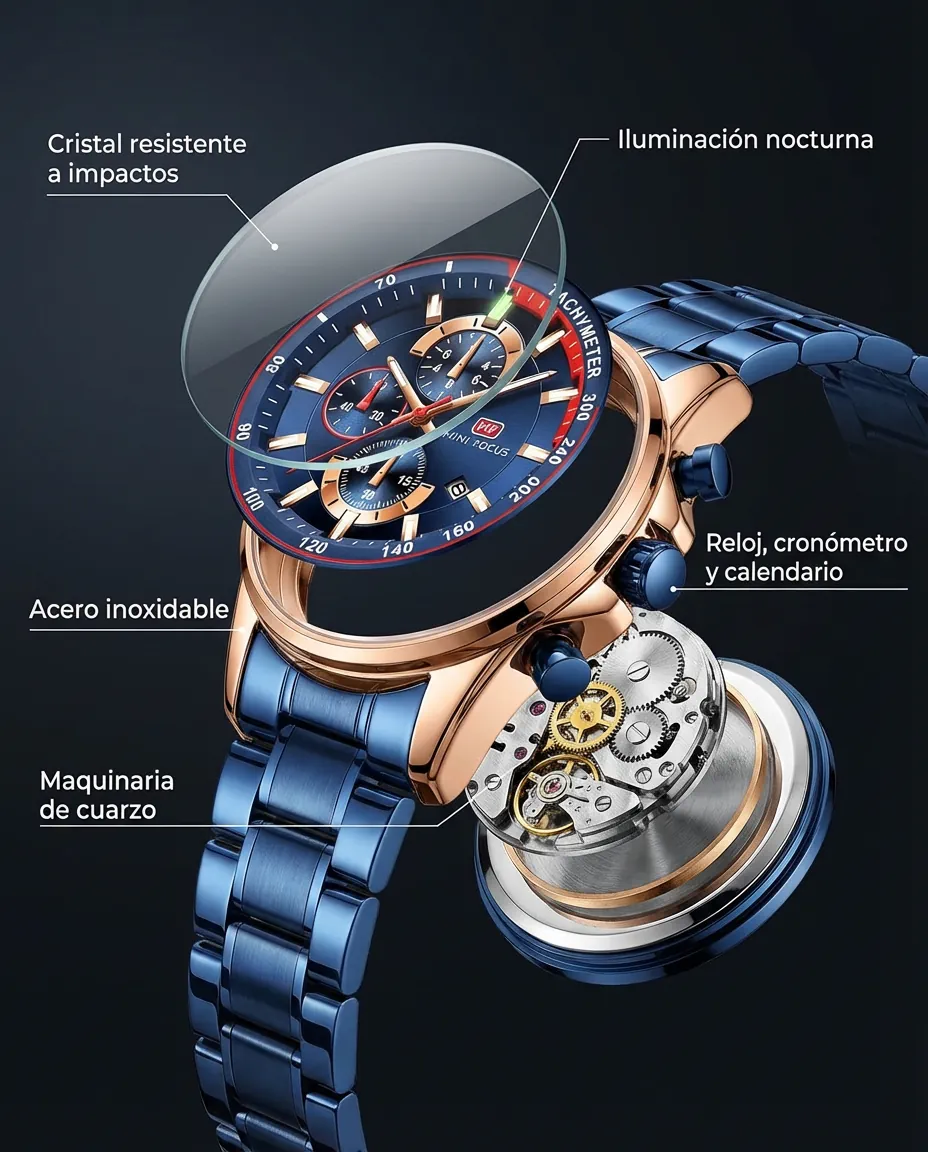 Características del MF CARRERA AZUL: cronógrafo con subesferas y calendario