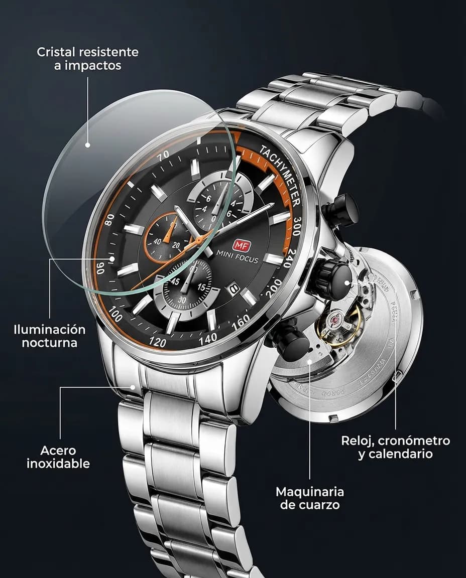 Características del MF CARRERA PLATEADO: cronógrafo con subesferas y calendario