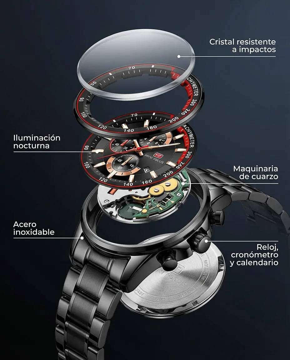 Características del MF CARRERA NEGRO: cronógrafo con subesferas y calendario