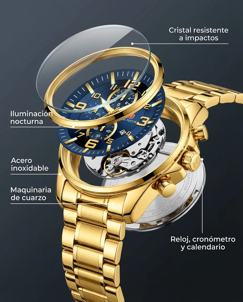 Características del MF BELLAGIO: cronógrafo con subesferas y calendario