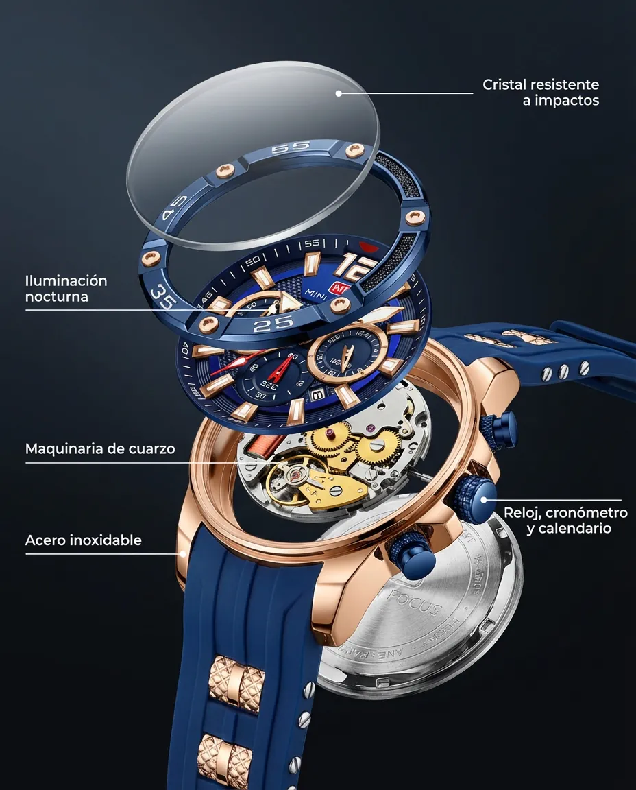 Características del MF GOLEM AZUL/DORADO: cronógrafo con subesferas y calendario