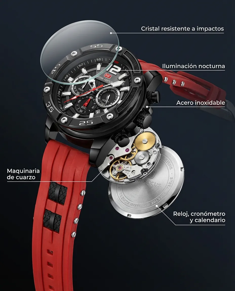 Características del MF GOLEM ROJO: cronógrafo con subesferas y calendario