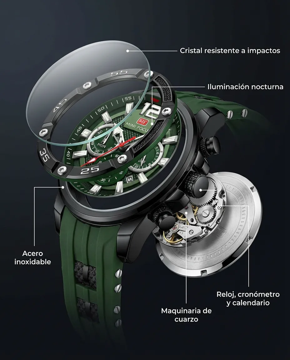 Características del MF GOLEM VERDE: cronógrafo con subesferas y calendario