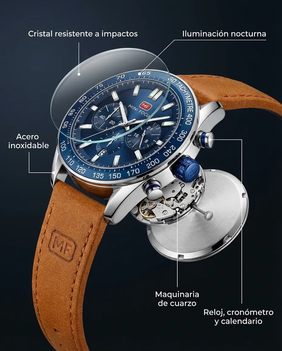 Características del MF GENOVA: cronógrafo con subesferas y calendario