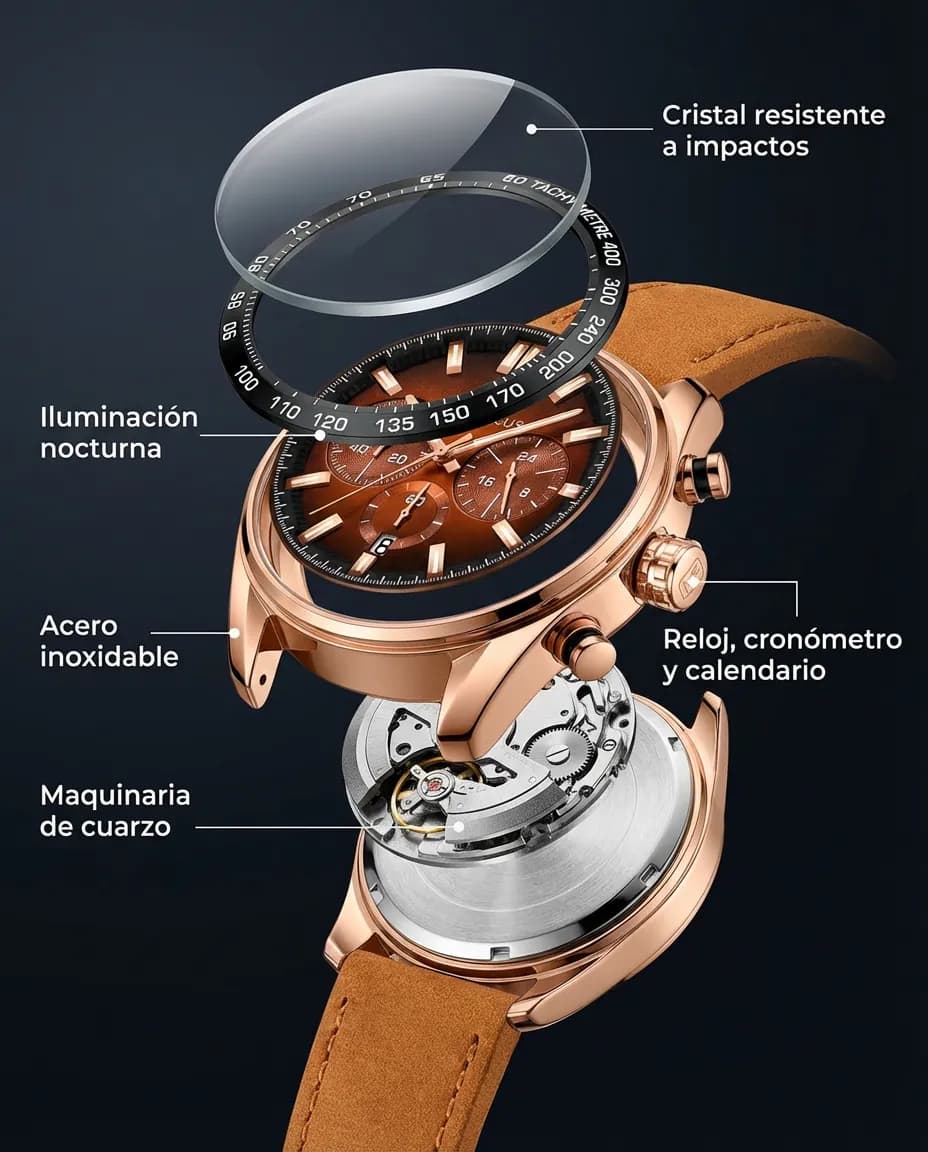Características del MF VERONA: cronógrafo con subesferas y calendario