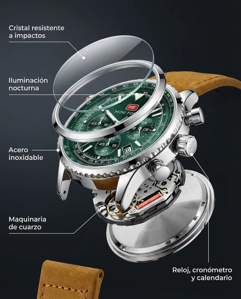 Características del MF BOLONIA: cronógrafo con subesferas y calendario