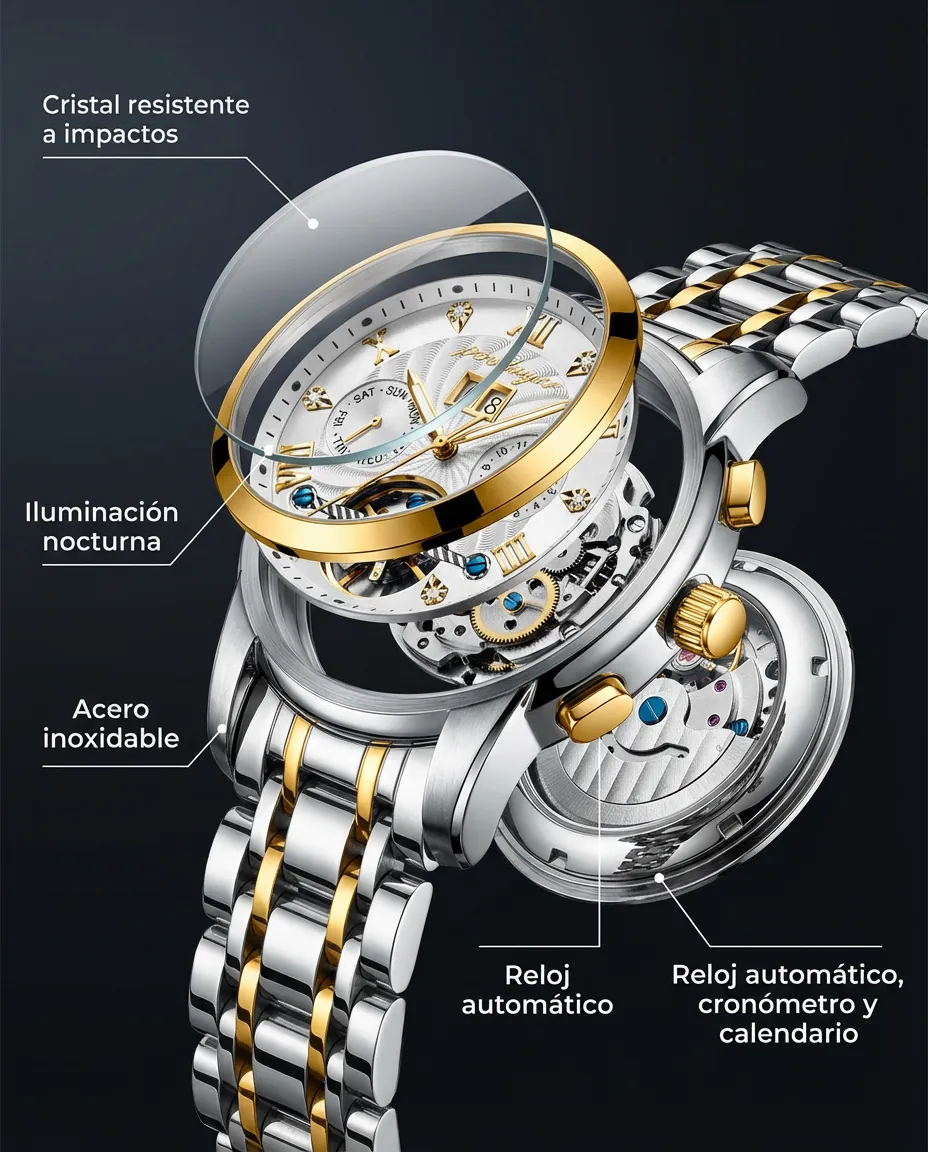 Características del AETERNUM: movimiento automático con open-heart, cronómetro y calendario