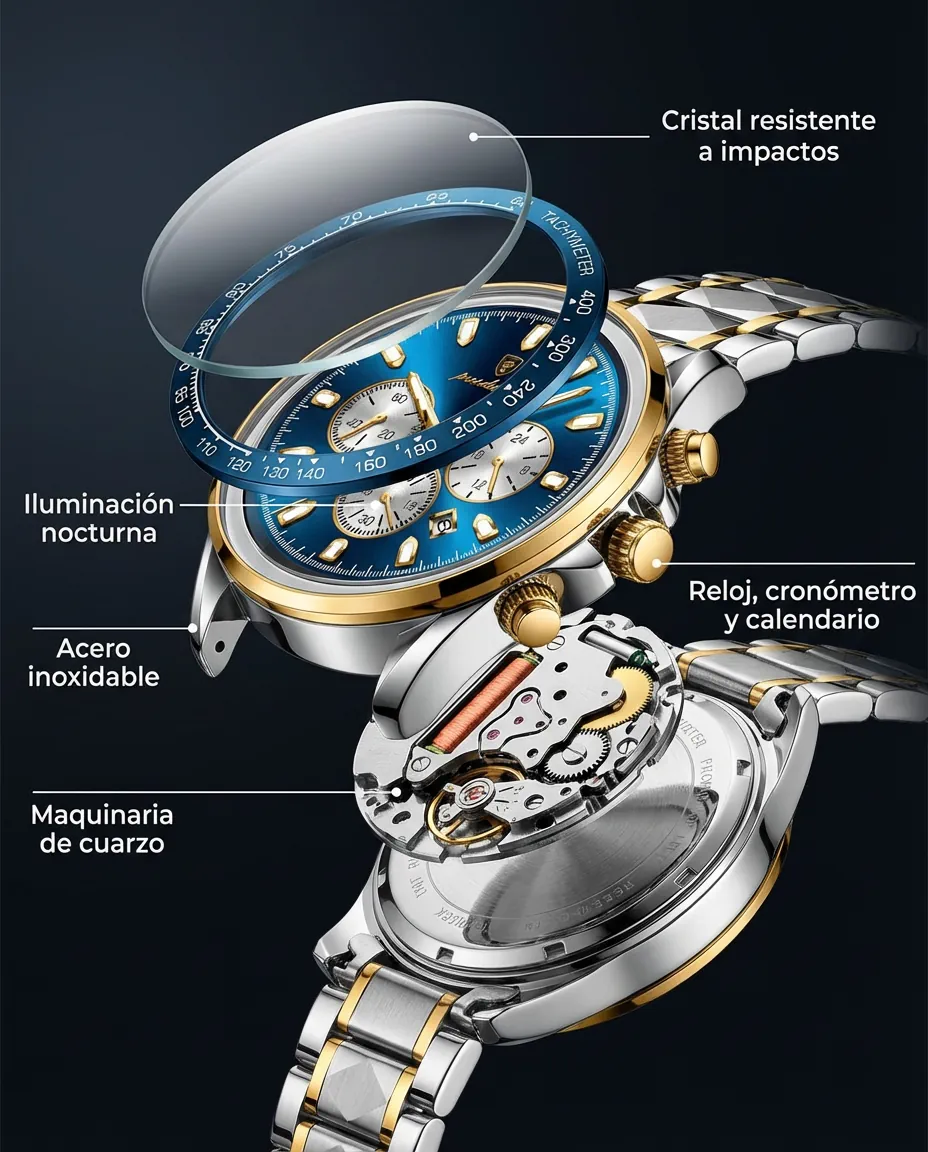Características del IGNIS: cronógrafo con bisel taquimétrico y calendario