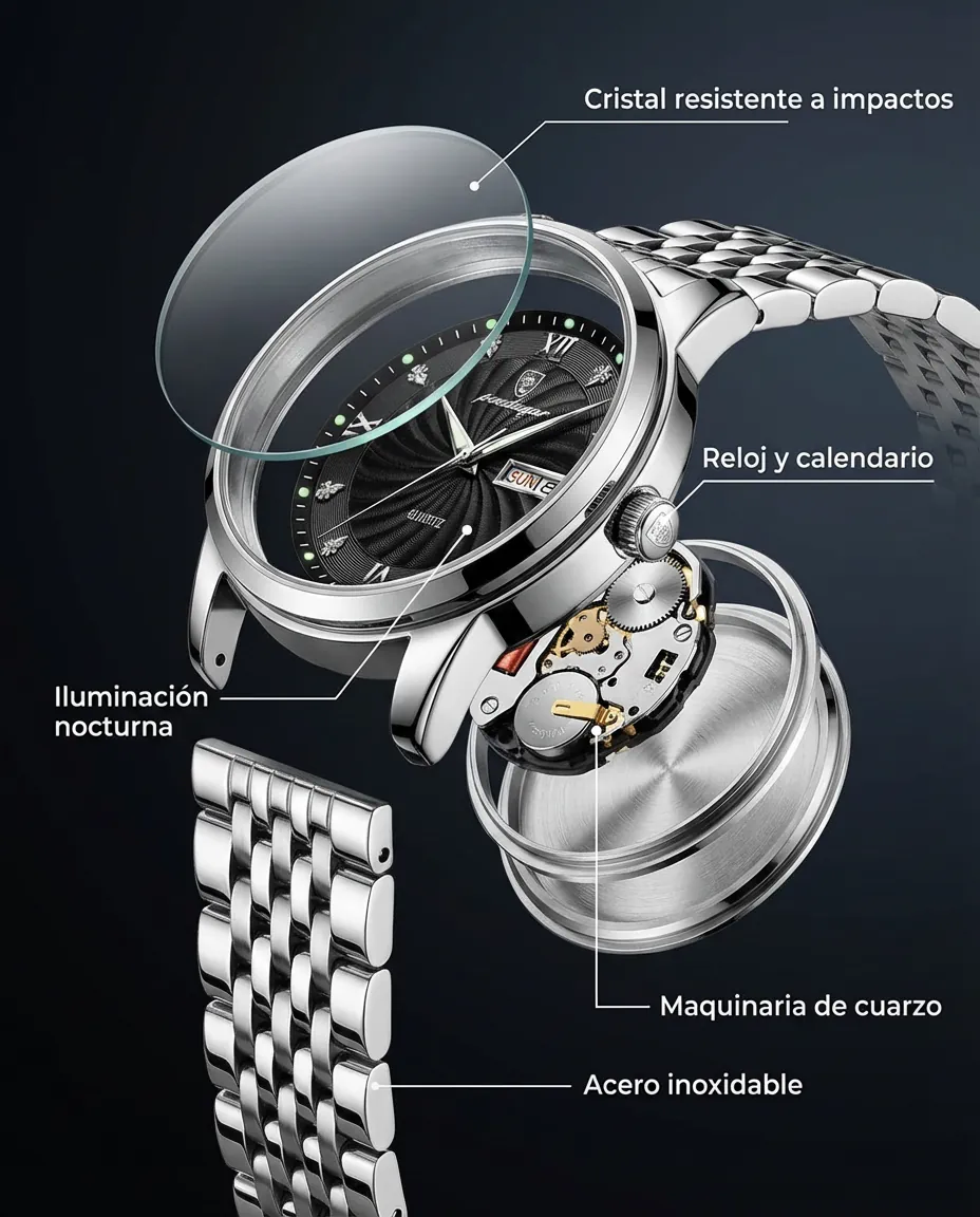 Características del NOX: reloj analógico con esfera guilloché y calendario