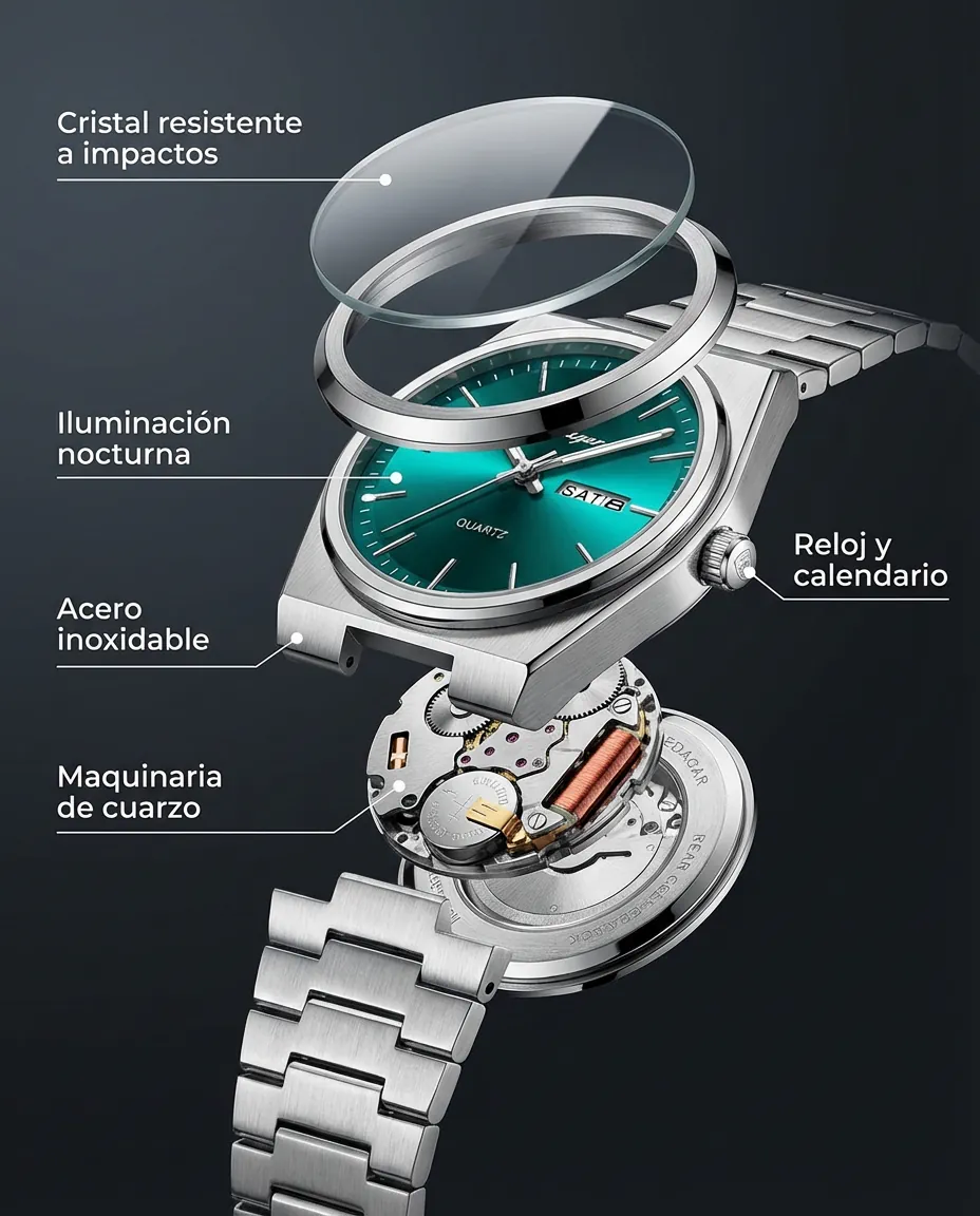 Características del VIRTUS VERDE: reloj analógico con esfera sunburst y calendario