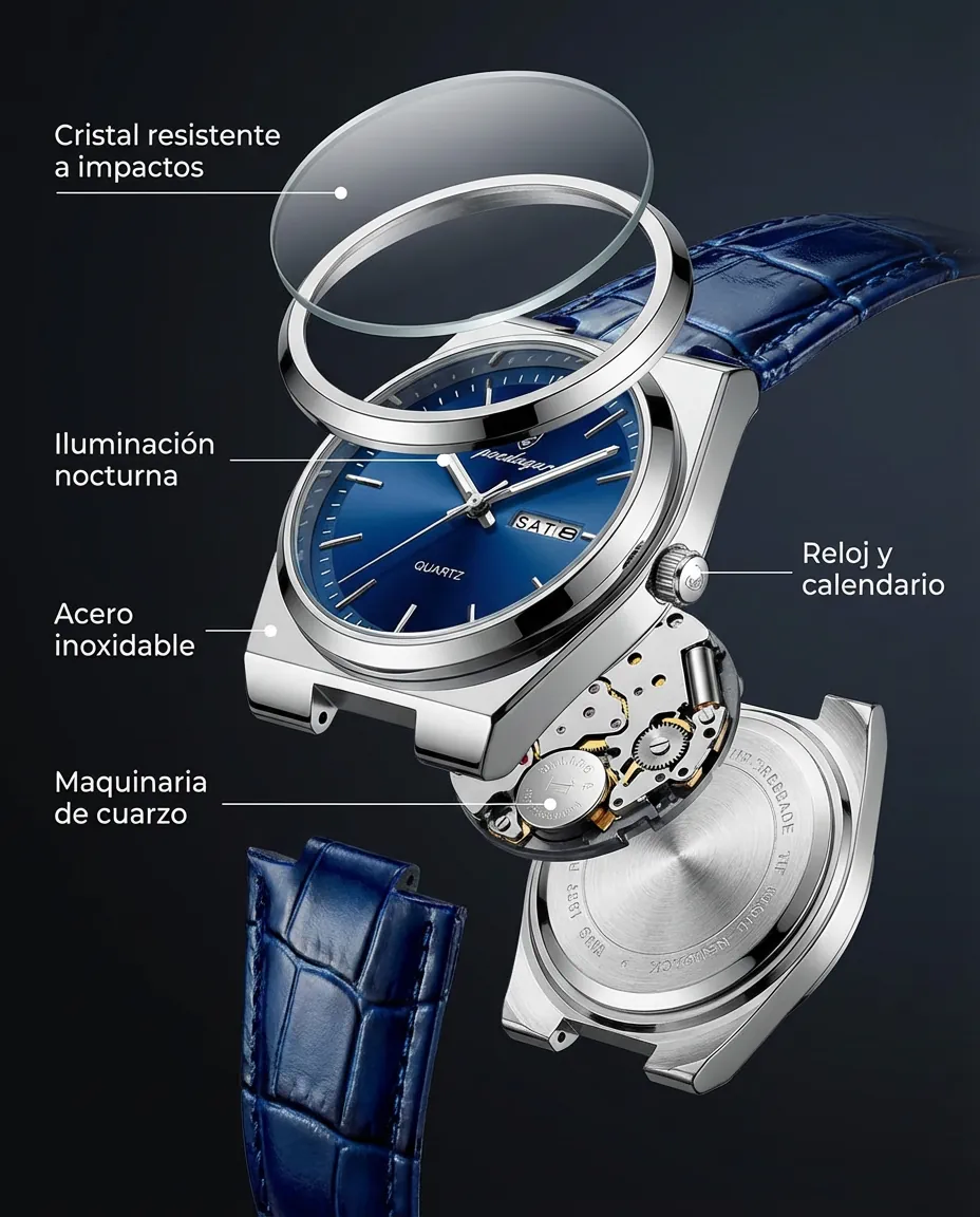 Características del TEMPUS AZUL: reloj analógico con esfera sunburst y calendario