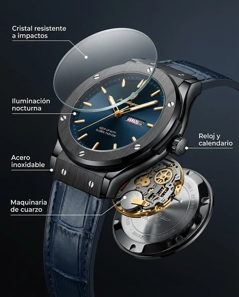 Características del FORTUNA AZUL MARINO: reloj analógico con calendario