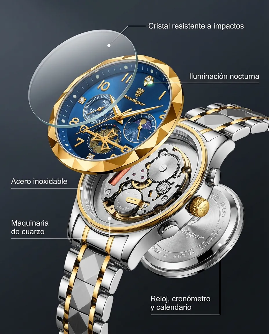 Características del MAGNUS: cronógrafo con números dorados y calendario
