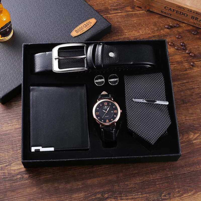PACK REGALO: reloj, corbata, pisacorbatas, cartera, cinturón y gemelos