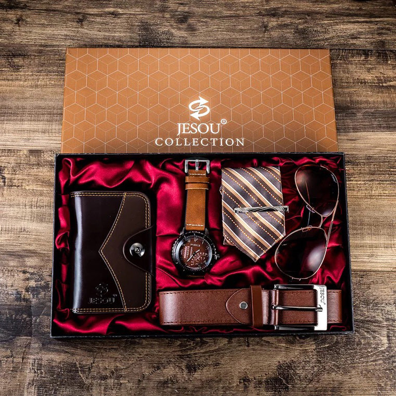 PACK REGALO: reloj, corbata, pisacorbatas, cartera, cinturón y gafas